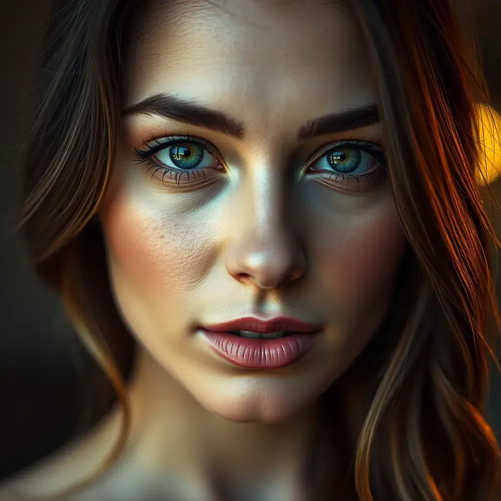 Close up matte portrait of a stunningly beautiful woman, Half Body, Bokeh effect, Photo Realistic, Volumetric Lighting