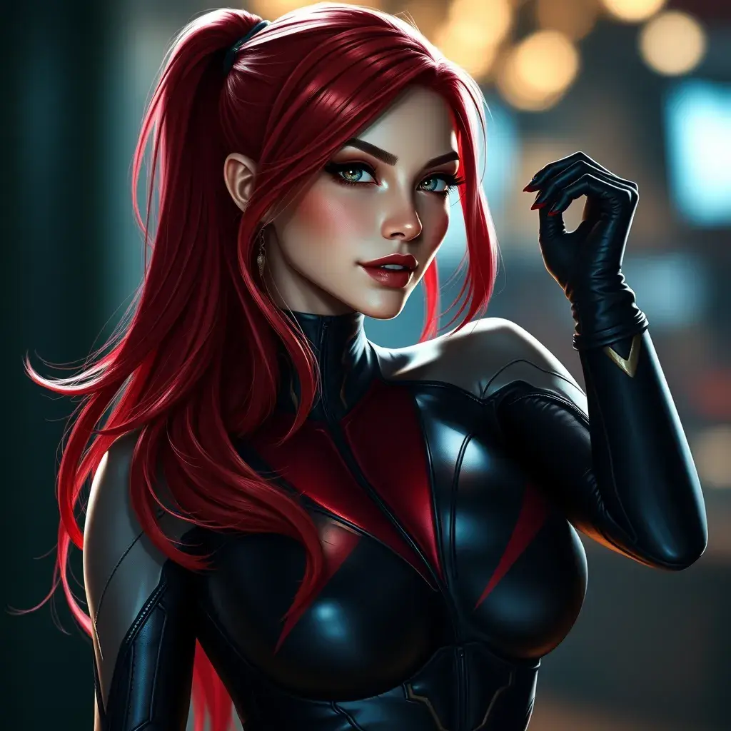 Alluring portrait of a beautiful Katarina from League of Legends in a tight suit, Highly Detailed, Full Body, Bokeh effect, Photo Realistic, Sharp Focus by Stefan Kostic