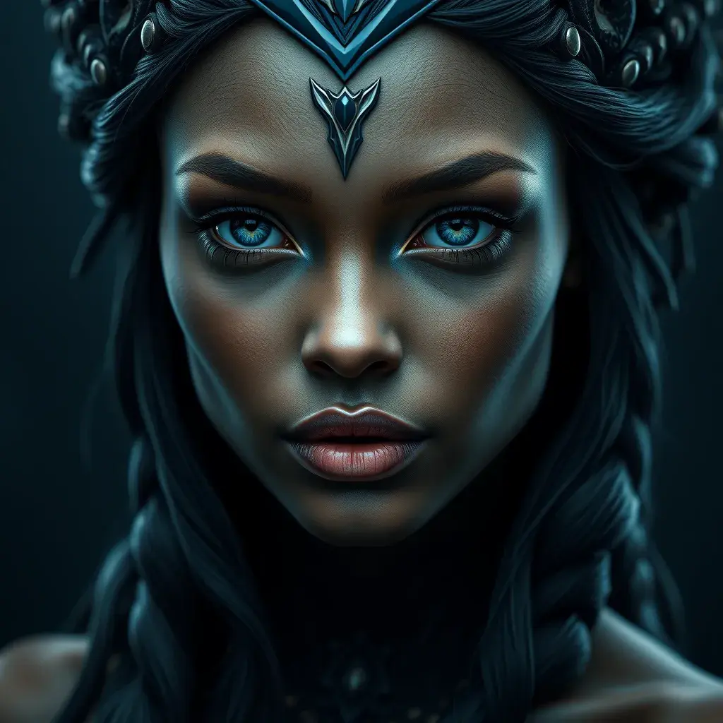 Matte portrait of the beautiful Nidalee in dark blue, 8k, Highly Detailed, Intricate, Realistic, Sharp Focus, Volumetric Lighting, Fantasy, Elegant by Stanley Artgerm Lau, WLOP, Stefan Kostic