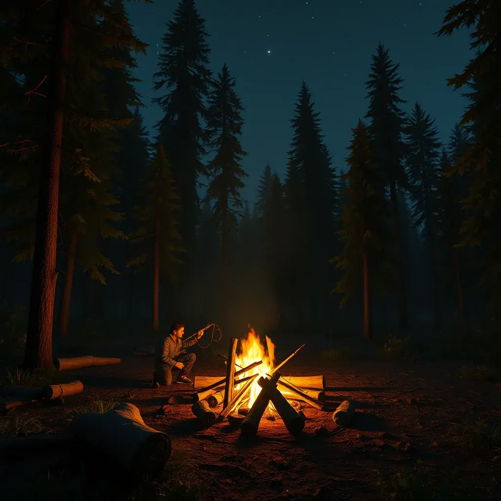 A highly detailed matte painting of a camp fire in the forest at night in the style of Firewatch, 4k resolution, Masterpiece, Trending on Artstation, Volumetric Lighting