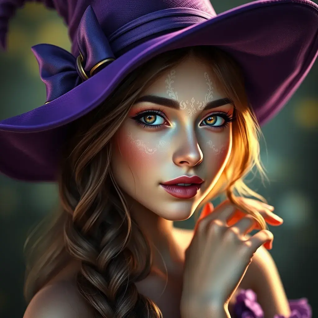 Alluring portrait of a beautiful Kiki the witch with a purple hat, 4k resolution, Highly Detailed, Hyper Detailed, Beautiful, Sharp Focus, Fantasy by Stanley Artgerm Lau