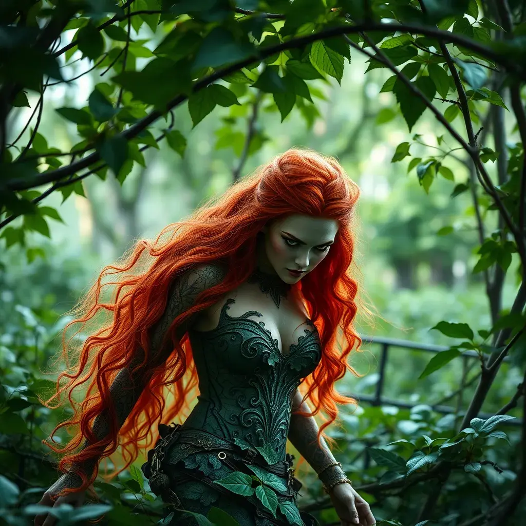 An fierce red headed Poison Ivy in an ivy forest, Intricate, Half Body, Photo Realistic