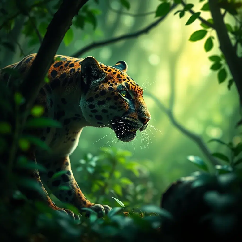 Panther in a green magical forest, Highly Detailed, Bokeh effect, Sharp Focus, Volumetric Lighting, Fantasy