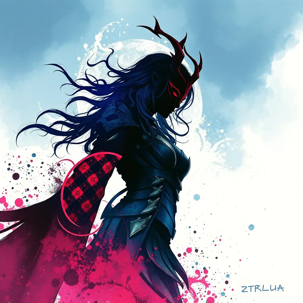 Silhouette of Irelia emerging from the fog of war, ink splash, Highly Detailed, Vibrant Colors, Ink Art, Fantasy, Dark by Stanley Artgerm Lau