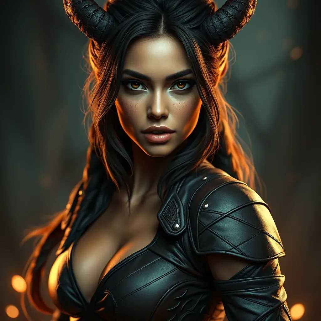 Alluring matte portrait of a beautiful Nidalee in leather, 8k, Highly Detailed, Intricate, Half Body, Realistic, Sharp Focus, Volumetric Lighting, Fantasy, Elegant by Stanley Artgerm Lau, Alphonse Mucha, WLOP, Stefan Kostic