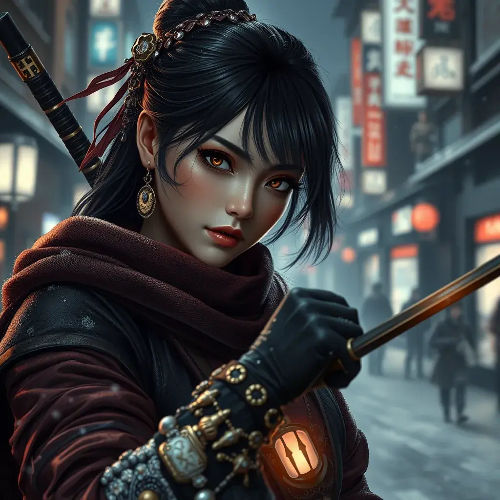 Mysterious beautiful armed kunoichi ninja wearing eyeliner and gold jewelry in the dark snowy streets of tokyo, 8k, Intricate Details, Trending on Artstation, Beautiful, Stunning, Centered by Stanley Artgerm Lau, WLOP