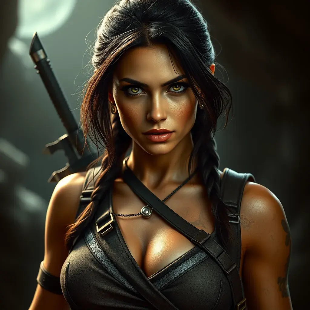 Alluring full body portrait of a beautiful Lara Croft ready for battle, 8k, Highly Detailed, Intricate, Photo Realistic, Sharp Focus, Volumetric Lighting, Fantasy, Elegant