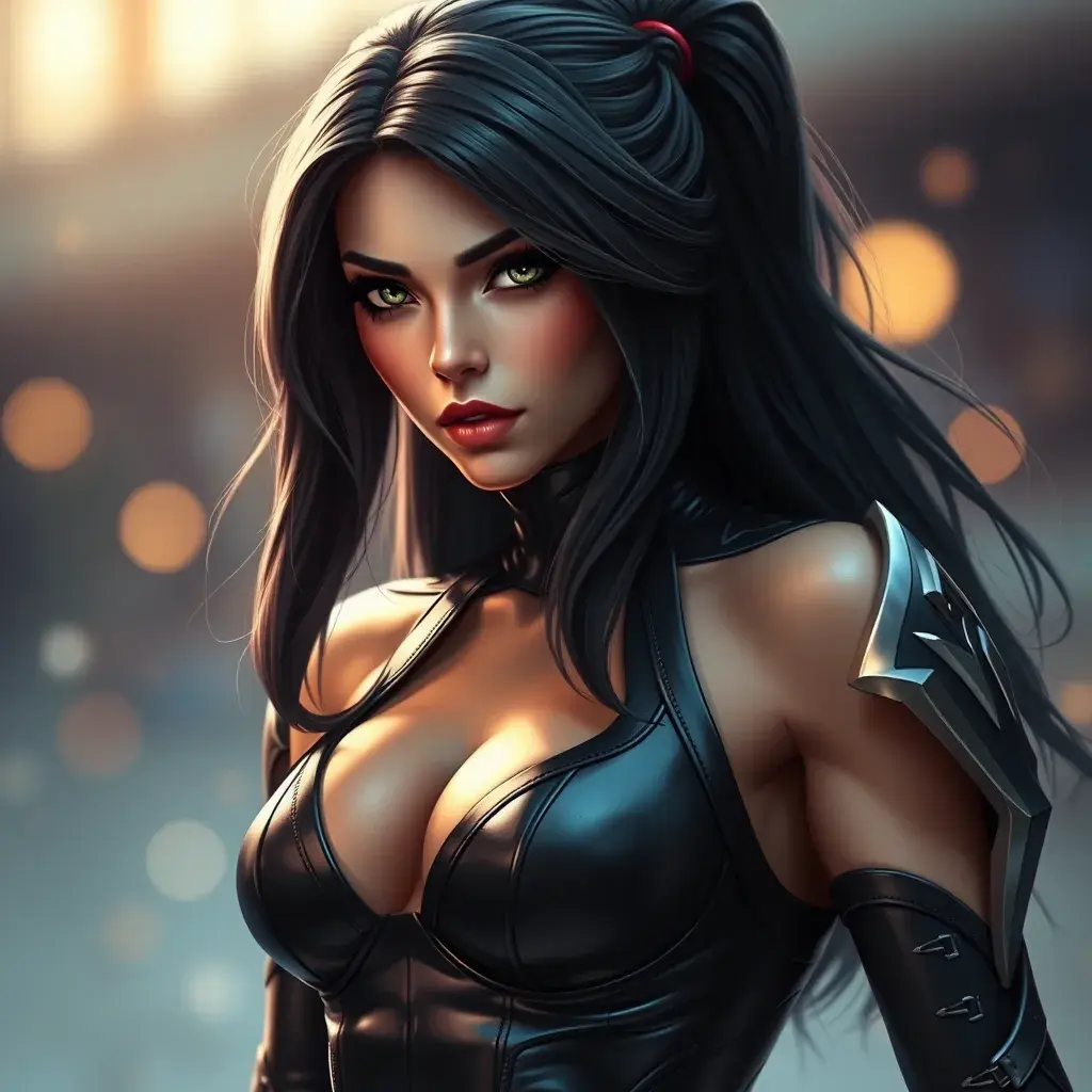 Alluring portrait of a beautiful Irelia from League of Legends in tight leather, Highly Detailed, Full Body, Bokeh effect, Photo Realistic, Sharp Focus by Stefan Kostic