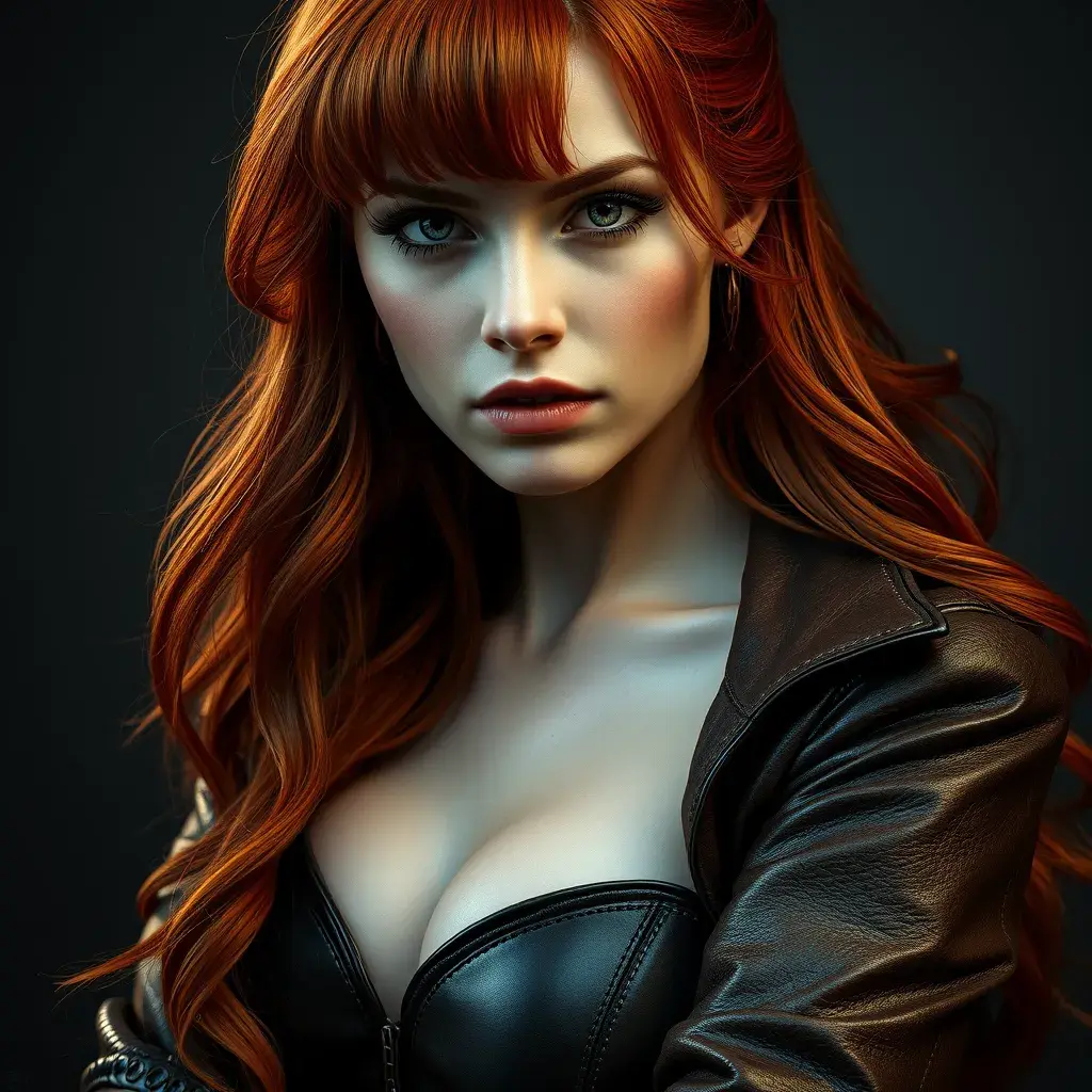 Alluring matte portrait of a beautiful red haired Sarah Kerrigan in leather, 8k, Highly Detailed, Intricate, Half Body, Realistic, Sharp Focus, Volumetric Lighting, Fantasy, Elegant by Stanley Artgerm Lau, WLOP, Stefan Kostic