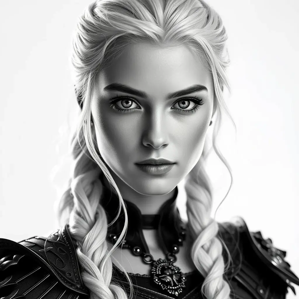 Alluring black and white matte portrait of a beautiful Daenerys Targaryen with a white background, 8k, Highly Detailed, Intricate, Half Body, Realistic, Sharp Focus, Volumetric Lighting, Fantasy, Elegant by Stanley Artgerm Lau