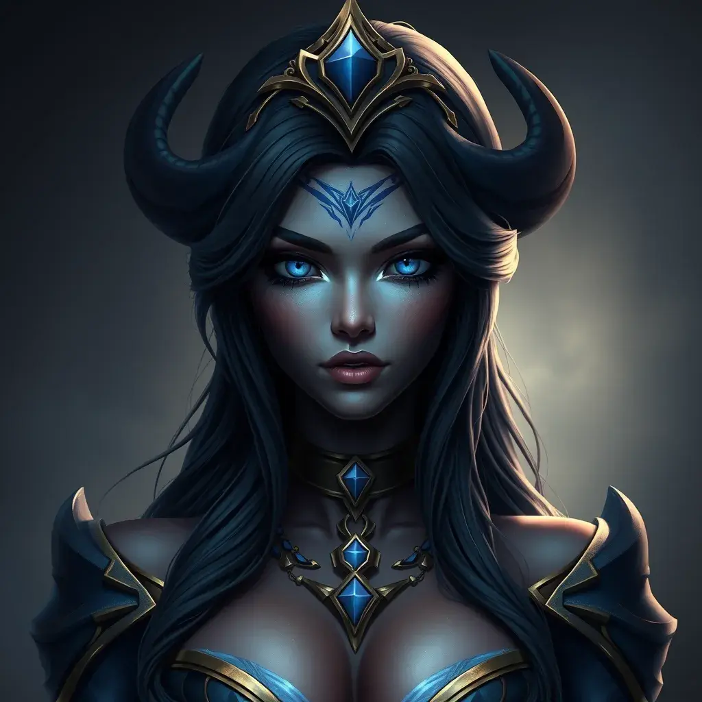 Matte portrait of the beautiful Samira from League of Legends in dark blue, Highly Detailed, Intricate, Realistic, Volumetric Lighting, Elegant