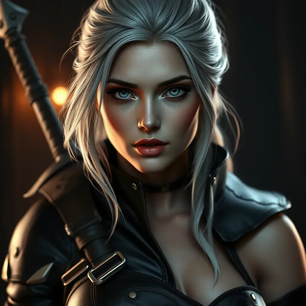 Alluring matte full body portrait of a beautiful Ciri from the Witcher 3 wearing black leather, 8k, Highly Detailed, Intricate, Realistic, Sharp Focus, Volumetric Lighting, Fantasy, Elegant by Stanley Artgerm Lau, WLOP