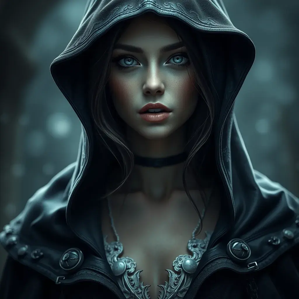 Alluring highly detailed matte portrait of a beautiful caped vampire in the style of Stefan Kostic, 8k, High Definition, Highly Detailed, Intricate, Half Body, Realistic, Sharp Focus, Fantasy, Elegant