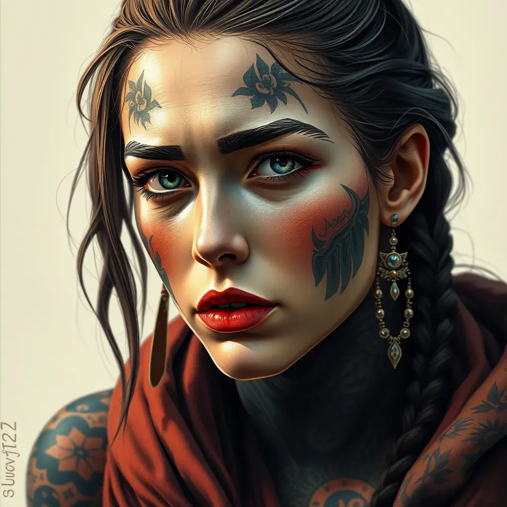 Colorful portrait of a tattooed Aloy with a grey scale face, 4k, Highly Detailed, Hyper Detailed, Powerful, Artstation, Vintage Illustration, Digital Painting, Sharp Focus, Smooth, Concept Art by Stanley Artgerm Lau, Alphonse Mucha, Greg Rutkowski