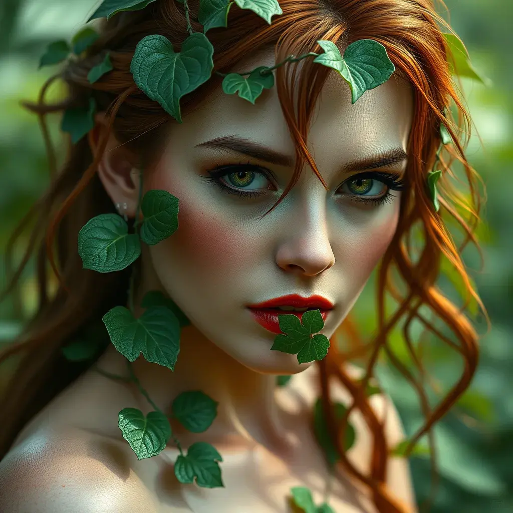 Alluring half body portrait of Poison Ivy in the style of Stefan Kostic, 8k, Highly Detailed, Intricate, Half Body, Matte Painting, Realistic, Sharp Focus, Fantasy by Greg Rutkowski