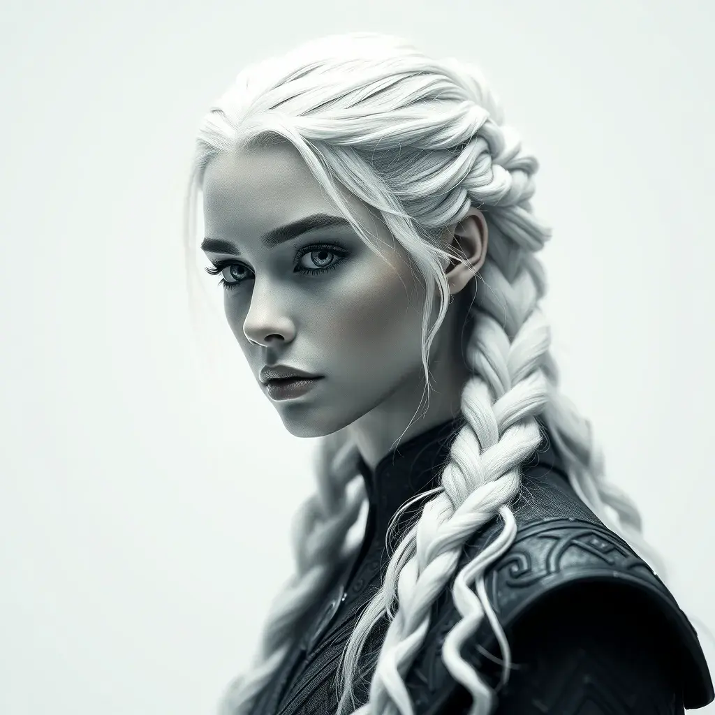 Alluring black and white matte portrait of a beautiful Daenerys Targaryen with a white background, 8k, Highly Detailed, Intricate, Half Body, Realistic, Sharp Focus, Volumetric Lighting, Fantasy, Elegant by Stanley Artgerm Lau