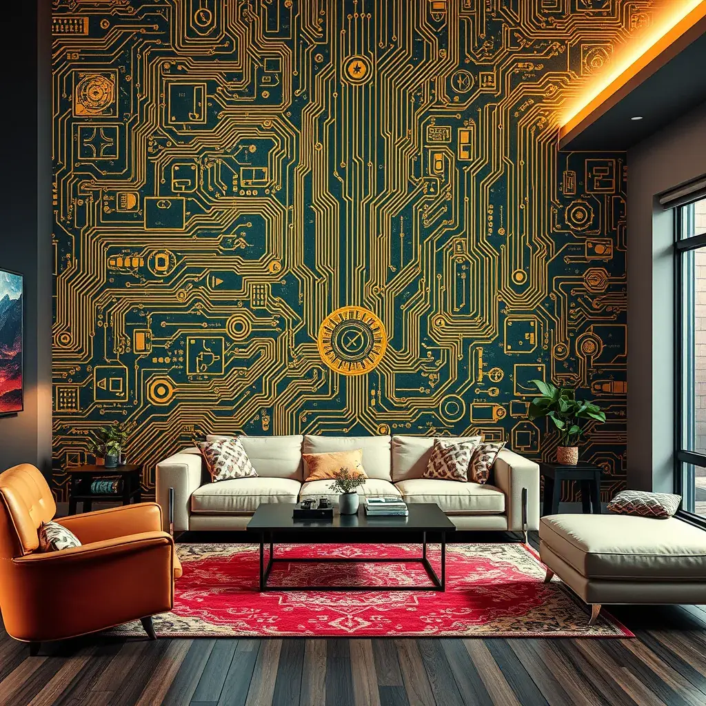 Imagine a modern and technology-inspired living room with a unique twist. The centerpiece of the room is a striking circuit board interior wallpaper that covers one wall. The wallpaper features intricate circuit board diagrams, electronic symbols, and vibrant metallic tones, Vintage Illustration, Retro-Futurism, Sci-Fi by Stefan Kostic