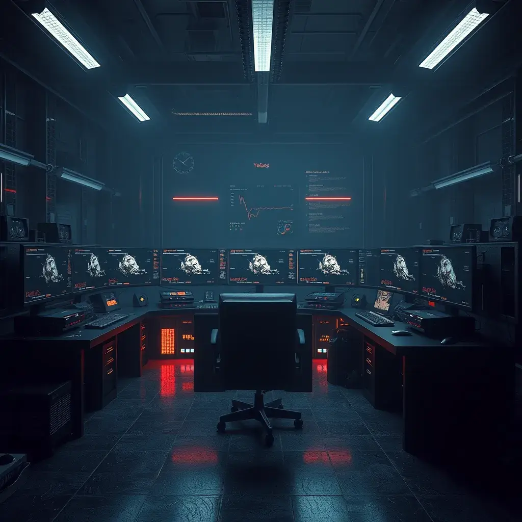 A dark industrial desk from the future with many monitors, Photo Realistic, Volumetric light effect, Octane Render, Unreal Engine, Ambient Occlusion, Maximalism, Industrial by Beeple