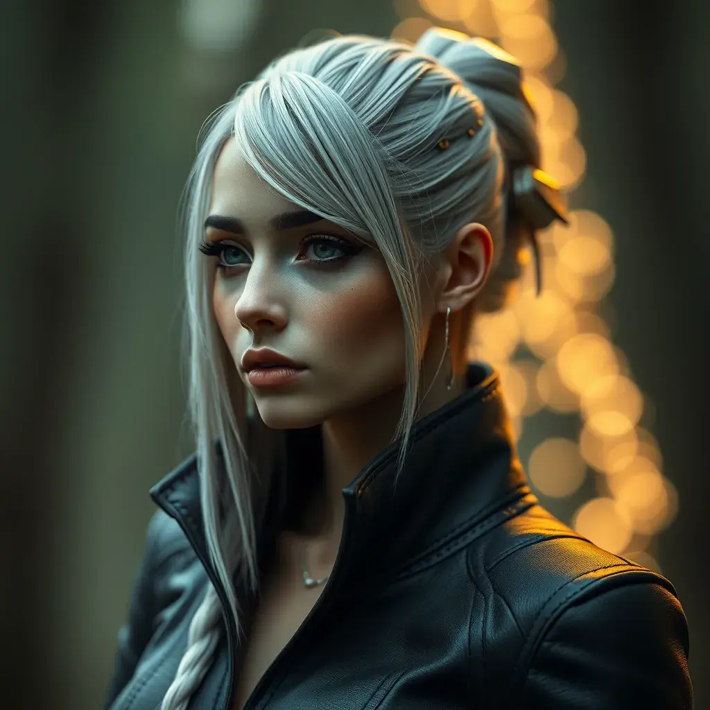 Alluring matte portrait of a beautiful A2 from Nier Automata in leather, Highly Detailed, Full Body, Bokeh effect, Photo Realistic, Sharp Focus by Stefan Kostic