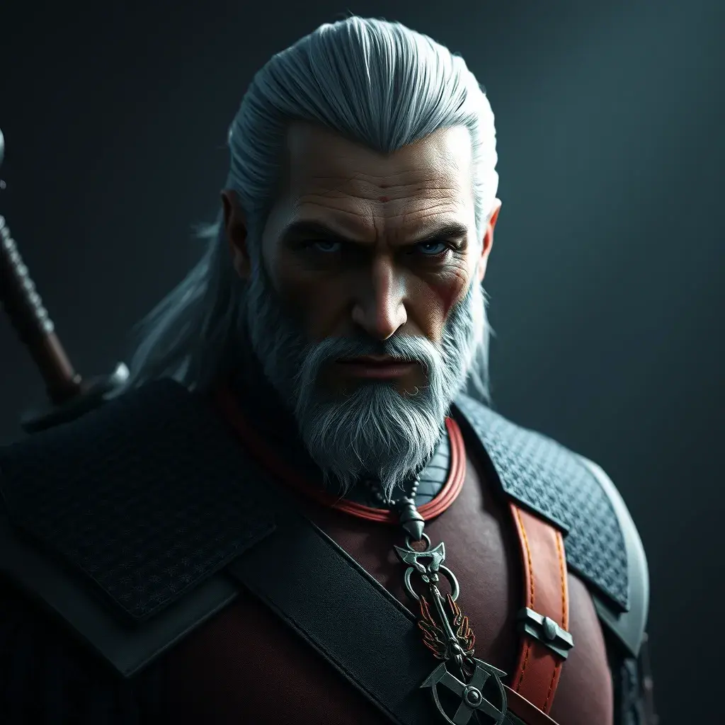 A full body matte portrait of Geralt in The Witcher 3 grey and red style wearing the Witcher medallion, Highly Detailed, Cinematic Lighting, Sharp Focus, Volumetric Lighting by Stefan Kostic