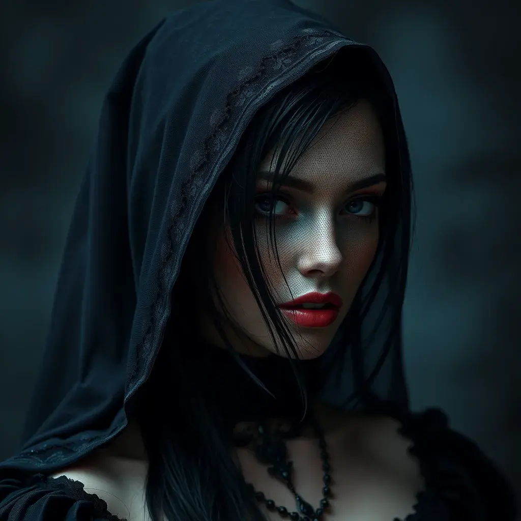 Alluring portrait of a beautiful raven black haired veiled vampire in the style of Stefan Kostic, 8k, High Definition, Highly Detailed, Intricate, Half Body, Realistic, Sharp Focus, Fantasy, Elegant