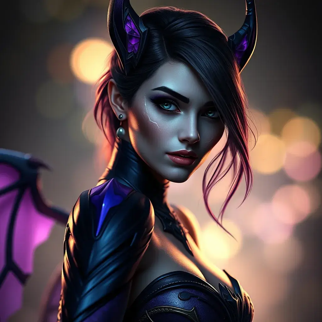 Alluring portrait of a beautiful Morgana from League of Legends in Purple, Highly Detailed, Half Body, Bokeh effect, Photo Realistic by Stefan Kostic