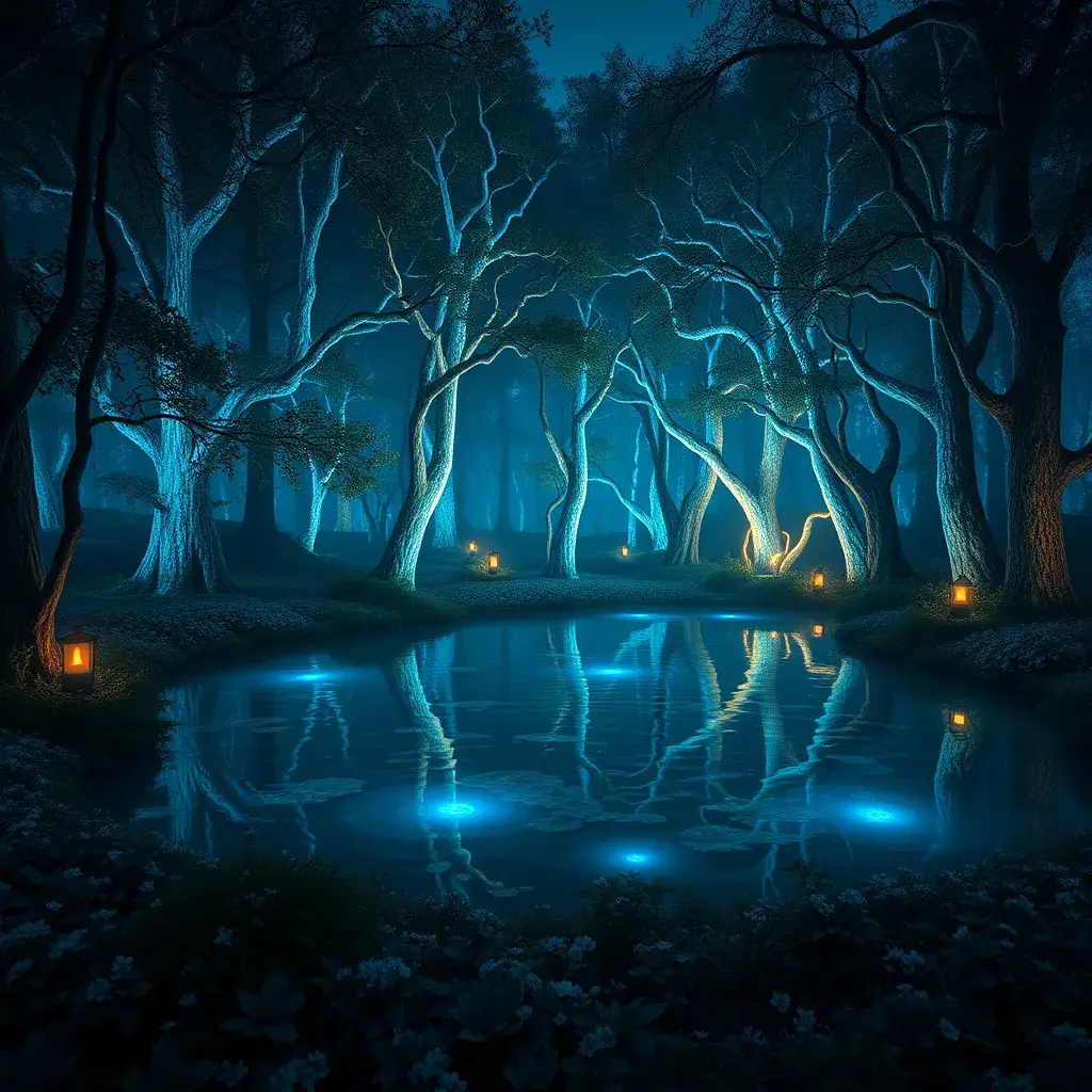 A magical pond in a fantasy forest with glowing blue trees at night, 4k, HQ, Intricate, Artstation, Cinematic Lighting, Photo Realistic, Sharp Focus, Unreal Engine, Dark