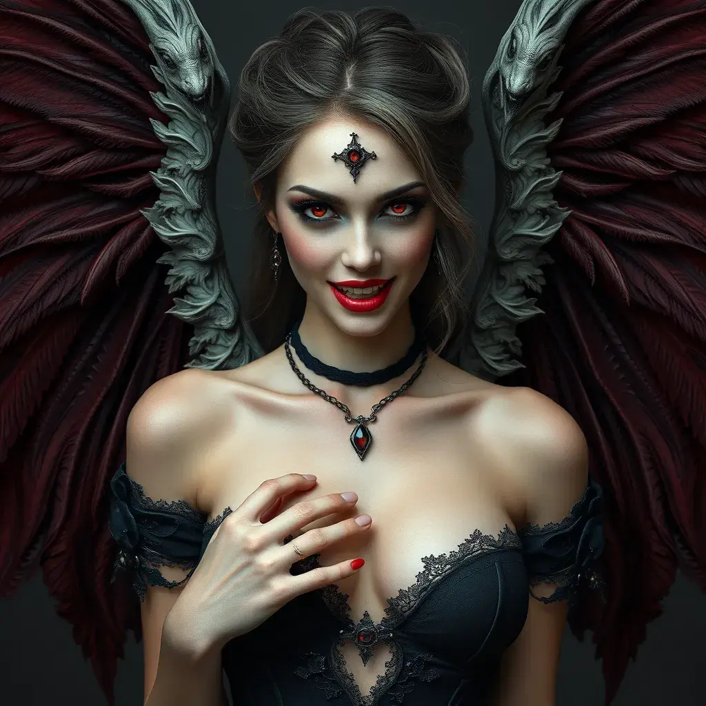 A beautiful winged romanian vampire woman with fangs, red eyes, Intricate Details, Masterpiece, Full Body, Gothic, Photo Realistic, Deviantart, Volumetric Lighting