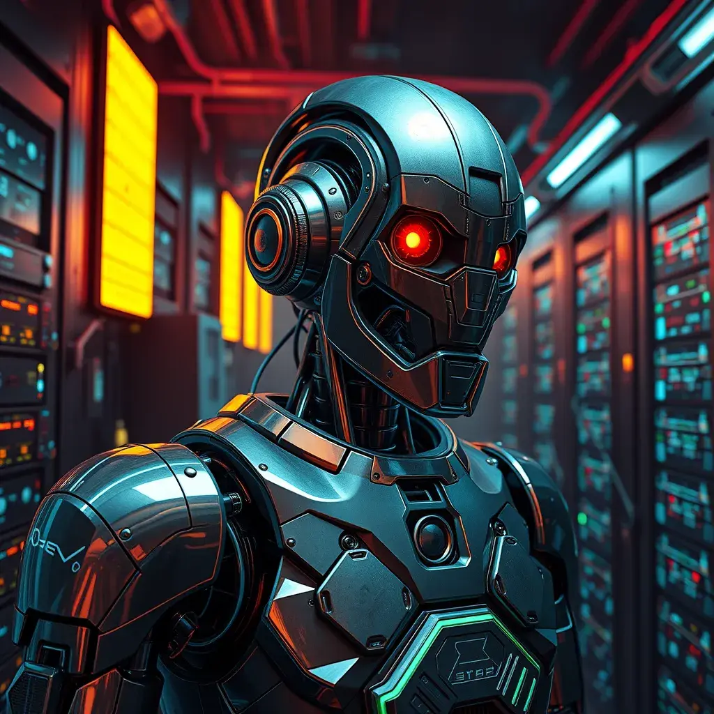 hyperrealism stock photography of highly detailed stylish robot in cyberpunk sci - fi style by gragory crewdson and vincent di fate, mike winkelmann with many details by josan gonzalez working at the highly detailed data center by mike winkelmann and laurie greasley hyperrealism photo on dsmc 3 system rendered in blender and octane render, Atmospheric, Foreboding, Hallucinogenic, Highly Detailed, Intricate Details, Masterpiece, Ultra Detailed, Horror, Post-Apocalyptic, Trending on Artstation, Psychedelic, Retrowave