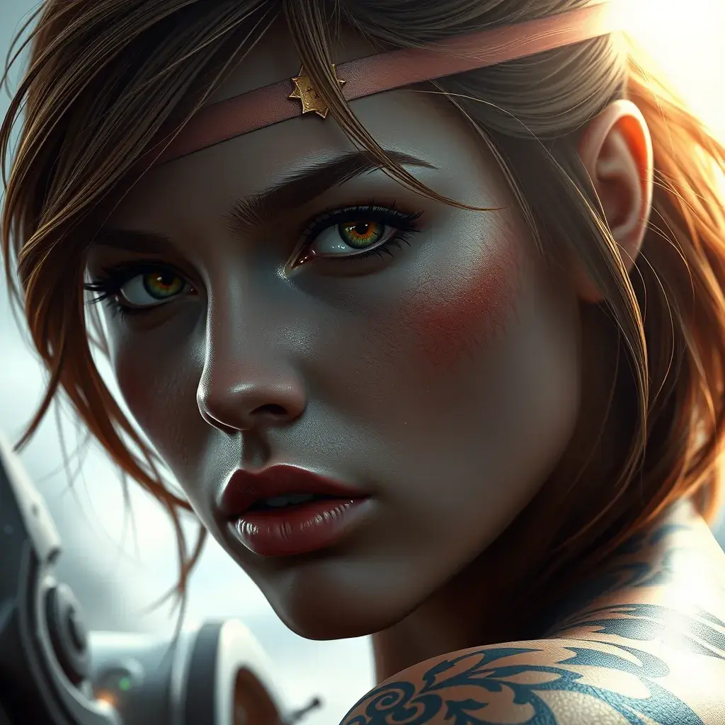 Matte portrait of Aloy with tattoos, 8k, Highly Detailed, Powerful, Alluring, Artstation, Magical, Digital Painting, Photo Realistic, Sharp Focus, Volumetric Lighting, Concept Art by Stanley Artgerm Lau, Alphonse Mucha, Greg Rutkowski