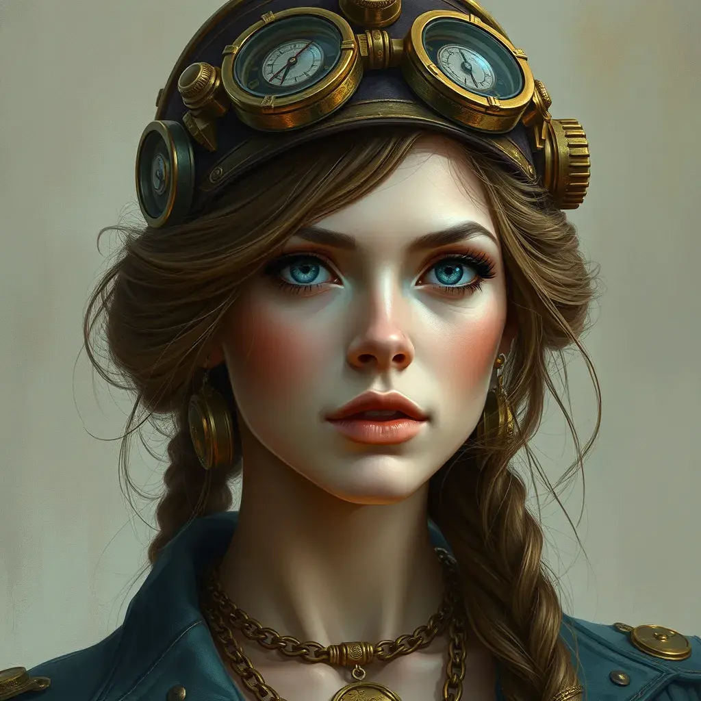 Steampunk portrait of Alexandra Daddario, Highly Detailed, Intricate, Artstation, Beautiful, Digital Painting, Sharp Focus, Concept Art, Elegant