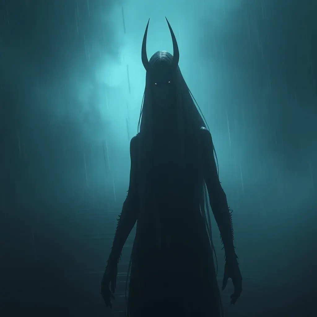 The frightening La Yorona with black eyes on her shoulder stands in a dark lake. Mist. Rain., 8k, HD, Gothic and Fantasy, Trending on Artstation, Sci-Fi, Soft Lighting