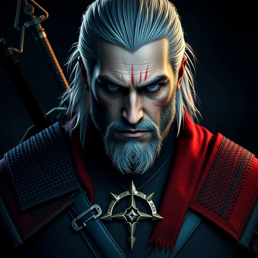 A full body matte portrait of Geralt in The Witcher 3 grey and red style wearing the Witcher medallion, Highly Detailed, Cinematic Lighting, Sharp Focus, Volumetric Lighting by Stefan Kostic