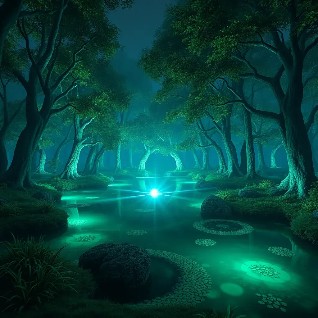 A magical pond in a fantasy forest with glowing green trees at night, 4k, HQ, Intricate, Artstation, Cinematic Lighting, Photo Realistic, Sharp Focus, Unreal Engine, Dark