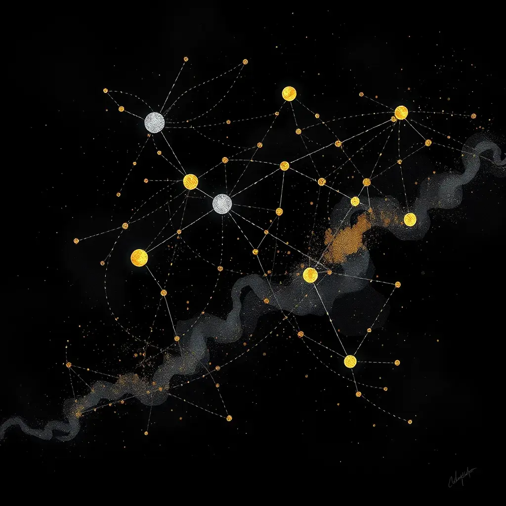 minimalist, elegant, discreet, abstract, enigmatic, sophisticated, modern, mysterious and perfect painting of constellations in black gold and silver, Digital Illustration