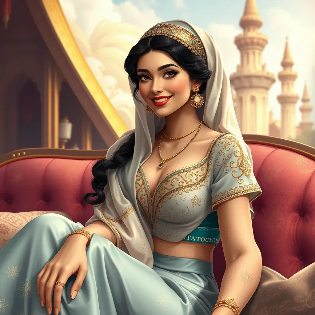 Fashion Illustration Style, A Woman in a headscarf Sitting on a sofa on a fairy-tale Background, Smiling like a Fairy Queen, Princess Jasmine, Photorealistic Disney, Disney Photos are Realistic, Princess Portrait, Disney-style Art, Beautiful Genie Girl, Disney Rendering, Disney Animation Style, Isabella Moner, Ivan Talavera Style and Artgerm, portrait of the Disney Veta, 8k, Highly Detailed, Intricate, Realistic, Sharp Focus, Volumetric Lighting, Fantasy, Elegant by Stanley Artgerm Lau, Alphonse Mucha, WLOP, Stefan Kostic