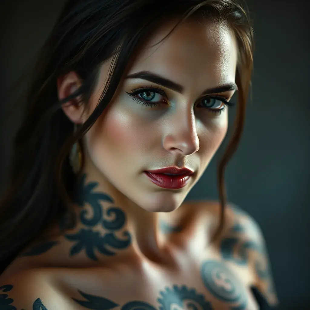 Matte portrait of Morgana with tattoos, Highly Detailed, Alluring, Bokeh effect, Sharp Focus, Volumetric Lighting