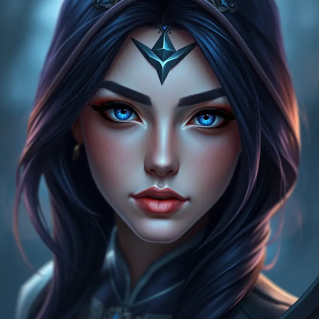 Alluring portrait of a beautiful Irelia from League of Legends in Dark Blue, Highly Detailed, Half Body, Bokeh effect, Photo Realistic by Stefan Kostic