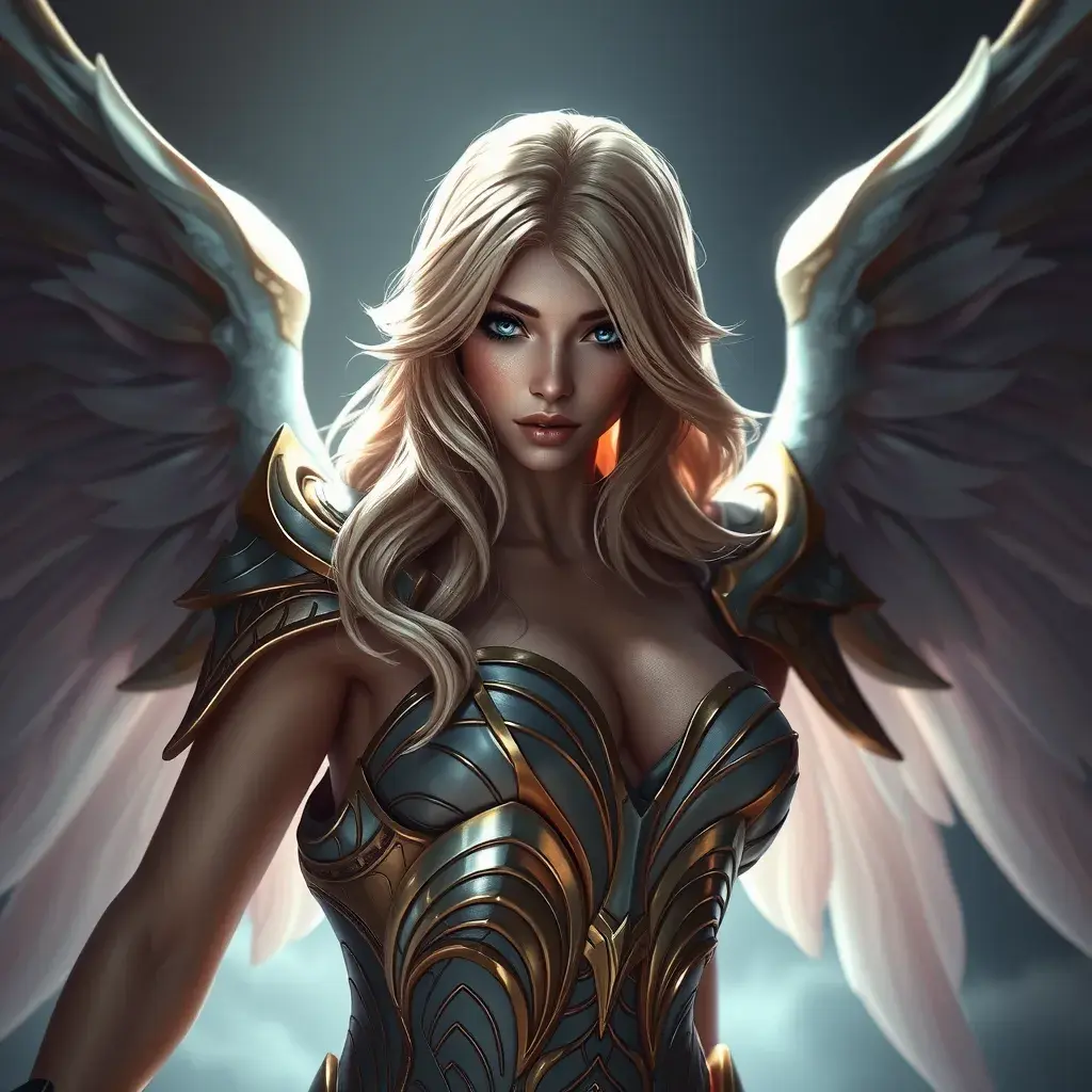 Alluring portrait of a beautiful winged Kayle from League of Legends, 8k, Highly Detailed, Half Body, Photo Realistic, Sharp Focus, Octane Render, Unreal Engine, Volumetric Lighting, Fantasy by Stanley Artgerm Lau, Alphonse Mucha, WLOP