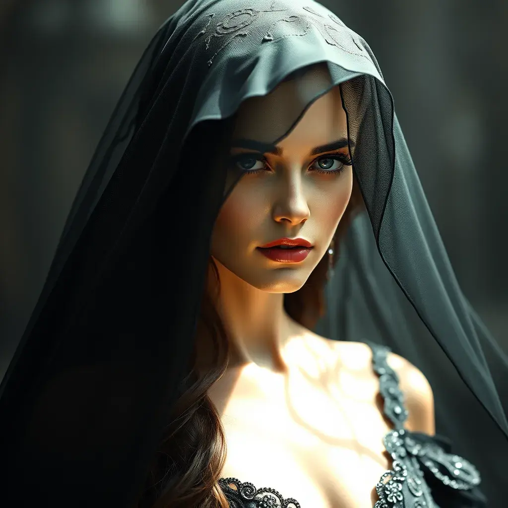 An alluring beautiful veiled Yennefer wearing a black veil, Intricate, Half Body, Volumetric Lighting, Elegant