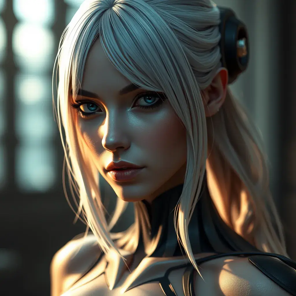 Alluring portrait of a beautiful A2 from Nier Automata, Highly Detailed, Full Body, Bokeh effect, Photo Realistic, Sharp Focus by Stefan Kostic