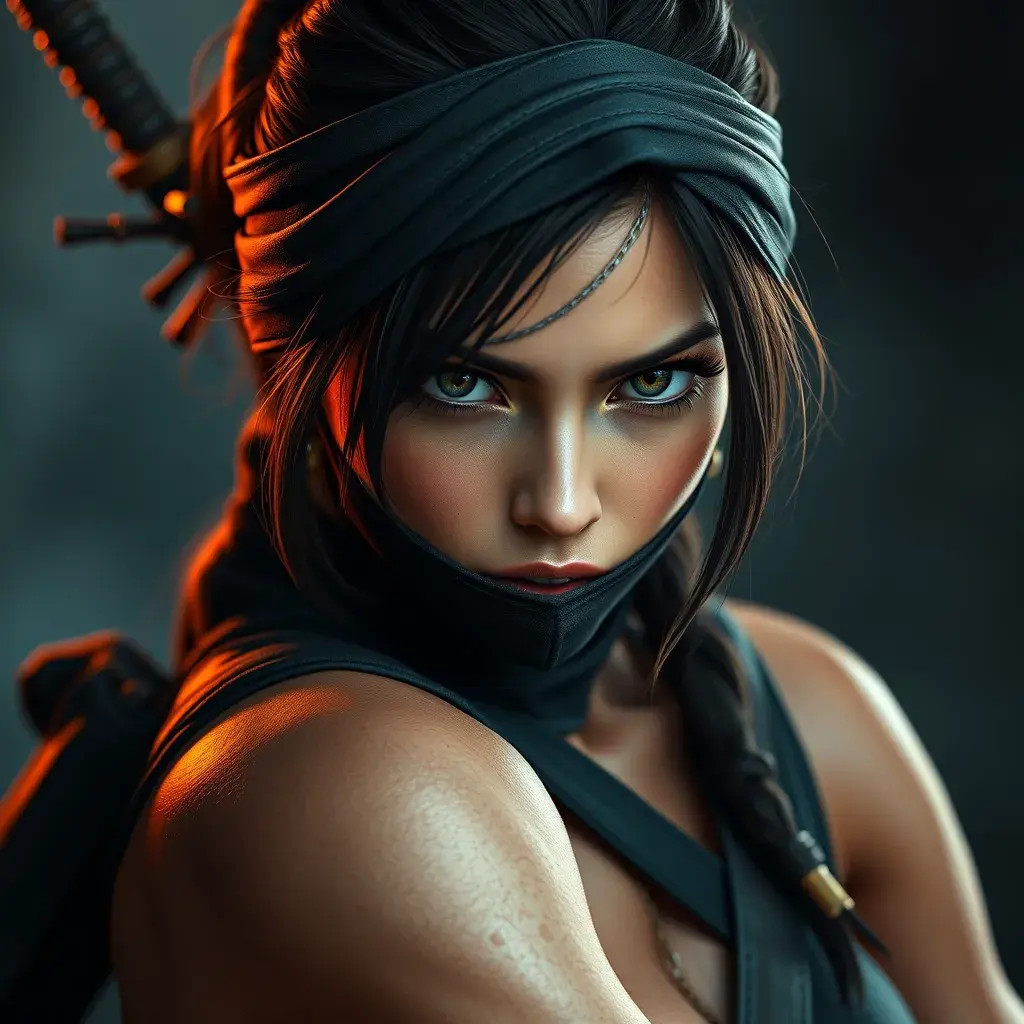 Matte portrait of the beautiful Lara Croft as a ninja, 8k, Highly Detailed, Intricate, Realistic, Sharp Focus, Volumetric Lighting, Fantasy, Elegant by Stanley Artgerm Lau, WLOP, Stefan Kostic