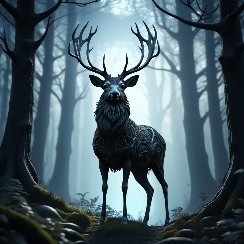 Deer in a haunted forest, Highly Detailed, Intricate, Gothic, Volumetric Lighting, Fantasy, Dark