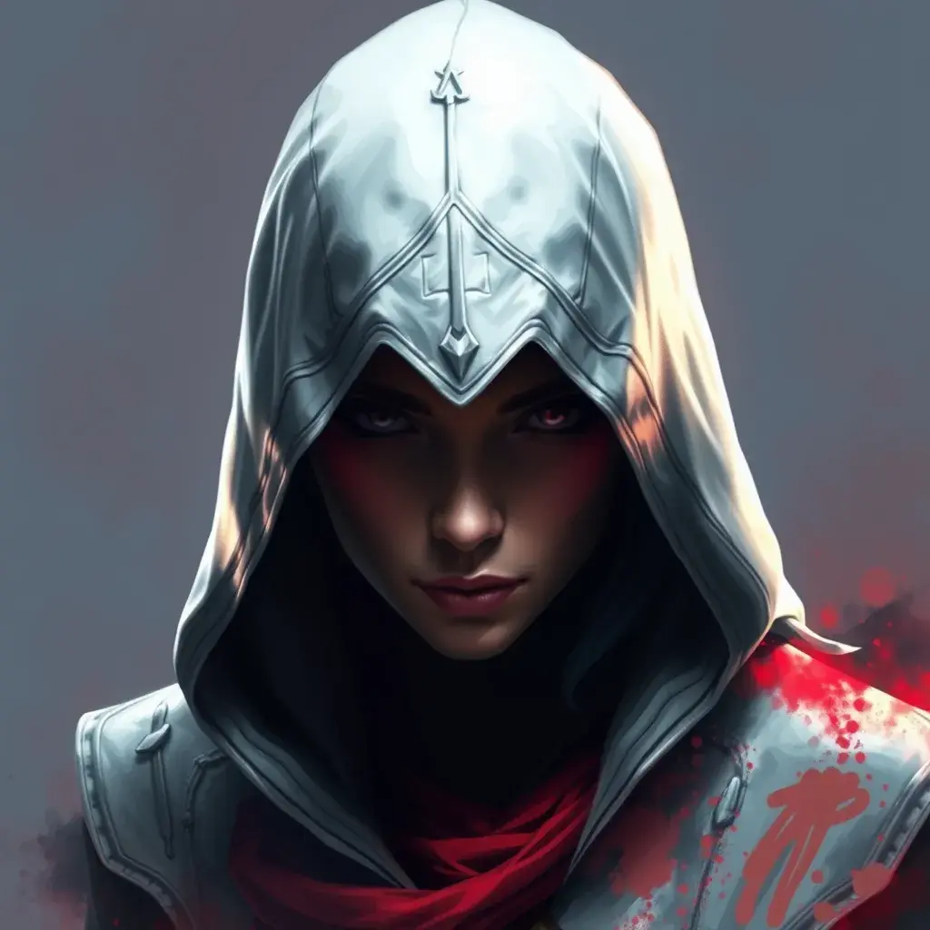 White hooded female assassin from Assassin's Creed, Highly Detailed, Unreal Engine, Volumetric Lighting, Vibrant Colors, Ink Art, Fantasy, Dark by Peter Mohrbacher