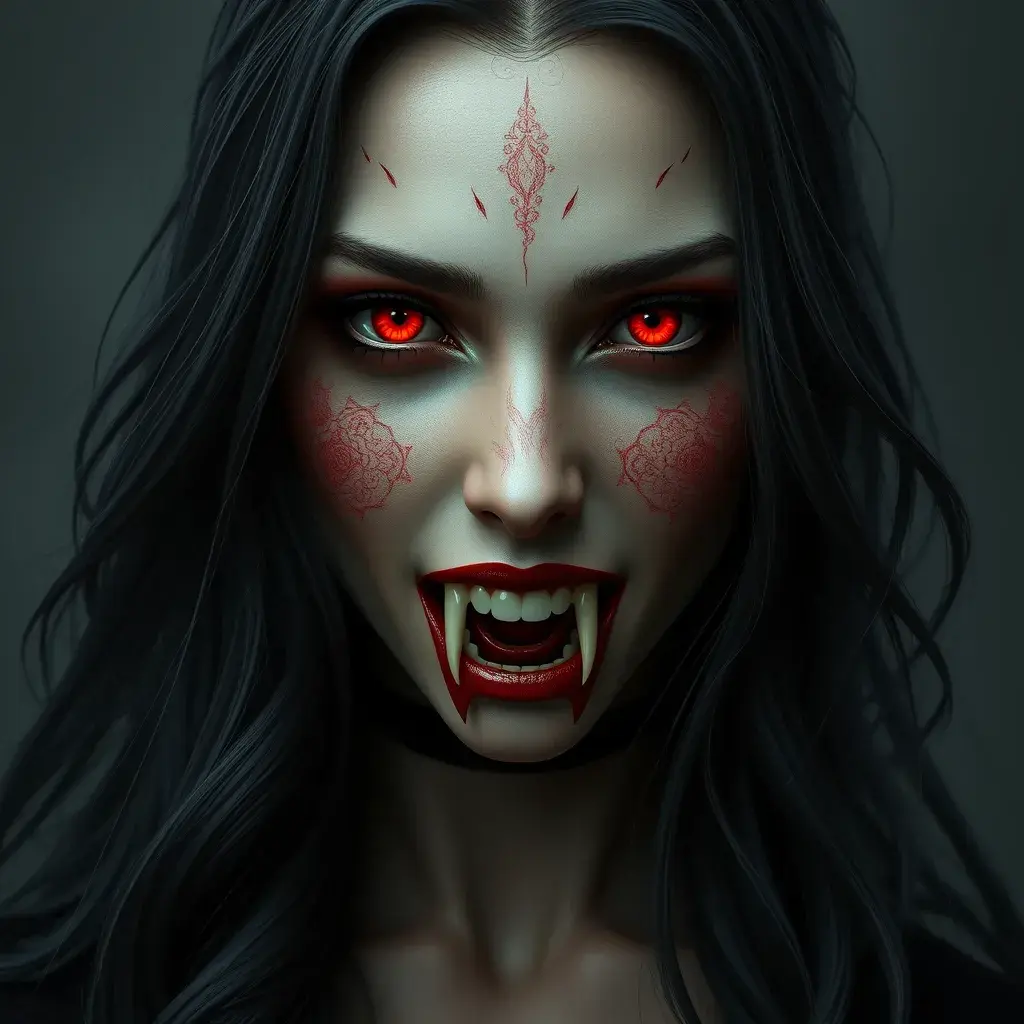 A beautiful romanian vampire woman with penetrating red bright eyes, long fangs, perfect face, 8k, Hyper Detailed, Intricate Details, Masterpiece, Contemporary, Full Body, Trending on Artstation, Gothic, Deviantart, Concept Art by Stefan Kostic