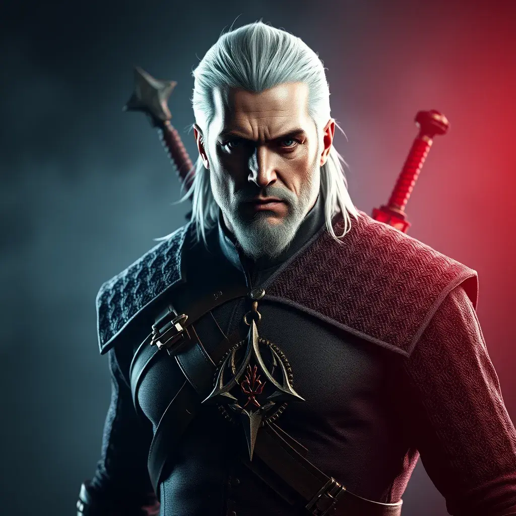 A full body matte portrait of Geralt in The Witcher 3 grey and red style wearing the Witcher medallion, Highly Detailed, Cinematic Lighting, Sharp Focus, Volumetric Lighting by Stanley Artgerm Lau, Stefan Kostic