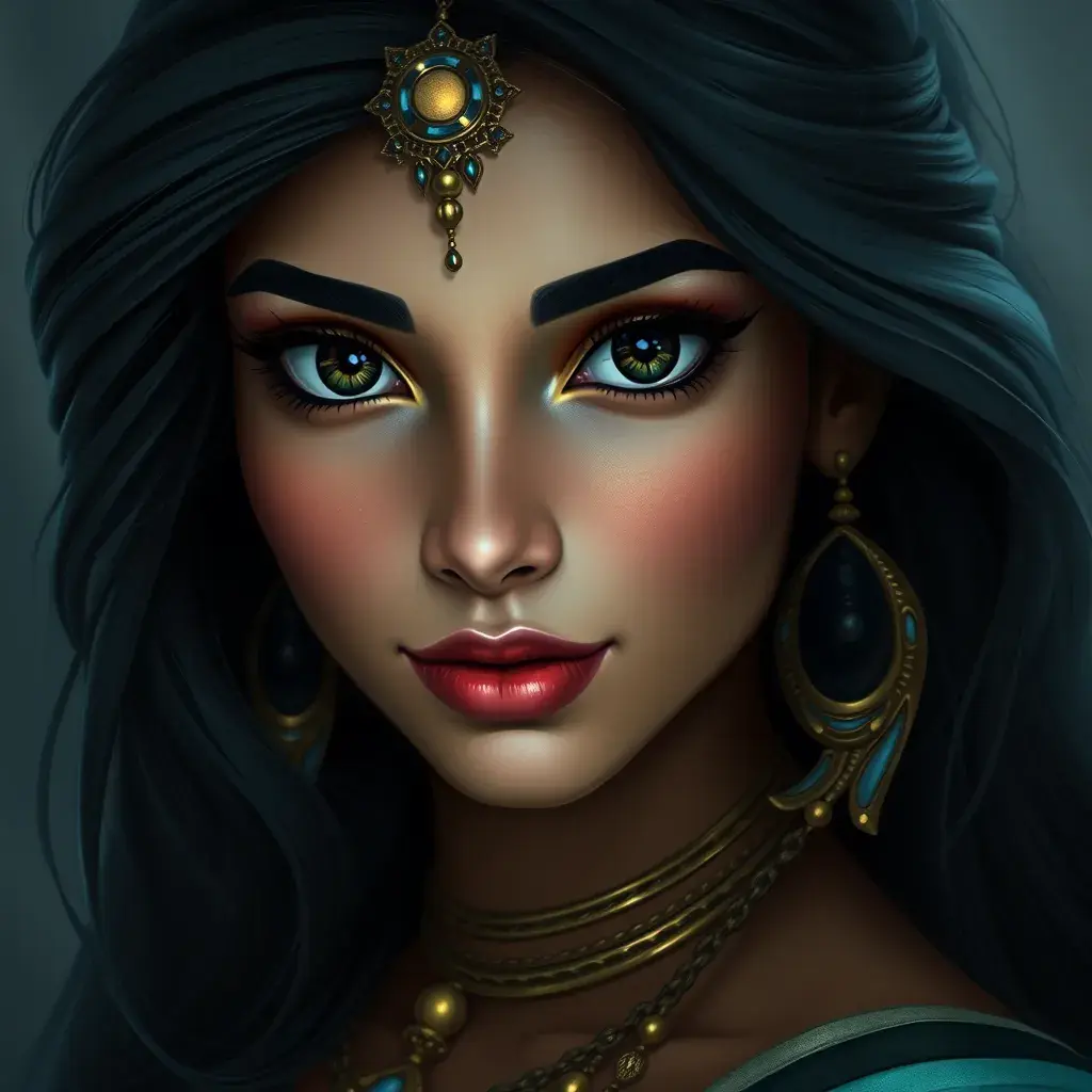 Alluring matte portrait of Princess Jasmine, HD, Highly Detailed, HQ, Hyper Detailed, Intricate Artwork, Ultra Detailed, Digital Painting, Matte Painting, Realistic, Sharp Focus, Dim light, Fantasy