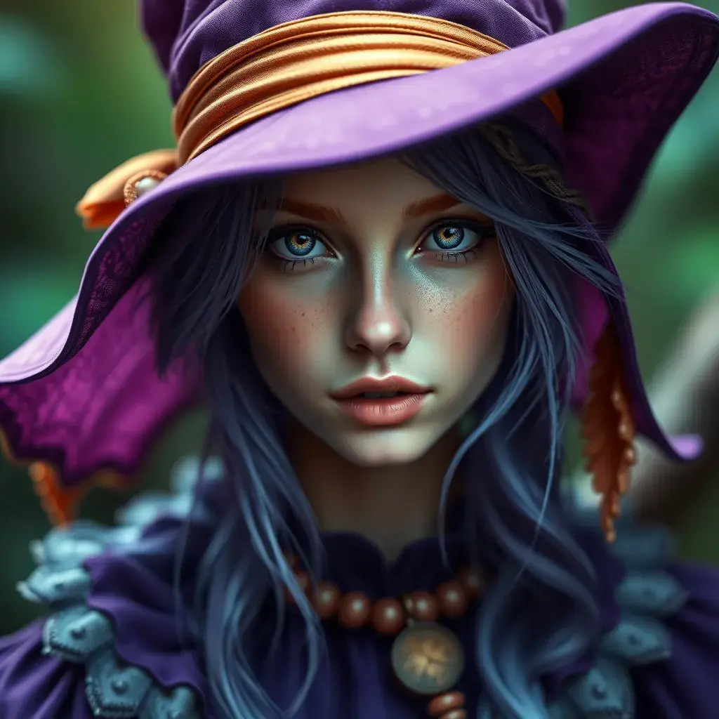 Alluring portrait of a beautiful Kiki the witch with a purple hat, 4k resolution, Highly Detailed, Hyper Detailed, Beautiful, Sharp Focus, Fantasy by Stanley Artgerm Lau