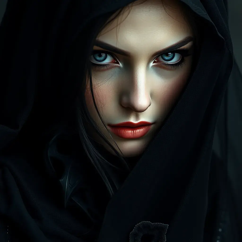 Alluring portrait of a beautiful raven black haired veiled vampire in the style of Stefan Kostic, 8k, High Definition, Highly Detailed, Intricate, Half Body, Realistic, Sharp Focus, Fantasy, Elegant