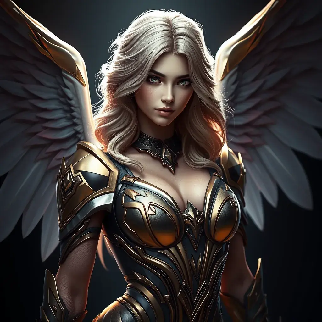 Alluring portrait of a beautiful winged Kayle from League of Legends, 8k, Highly Detailed, Half Body, Photo Realistic, Sharp Focus, Octane Render, Unreal Engine, Volumetric Lighting, Fantasy by Stanley Artgerm Lau, Alphonse Mucha, WLOP